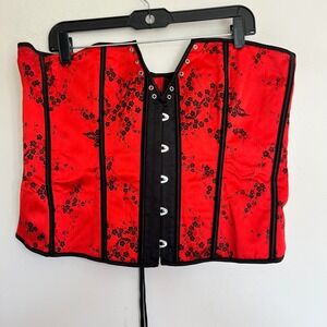 Red‎ Black Floral Cherry Blossom Jacquard Lace Up Corset Top Plus Size 6XL